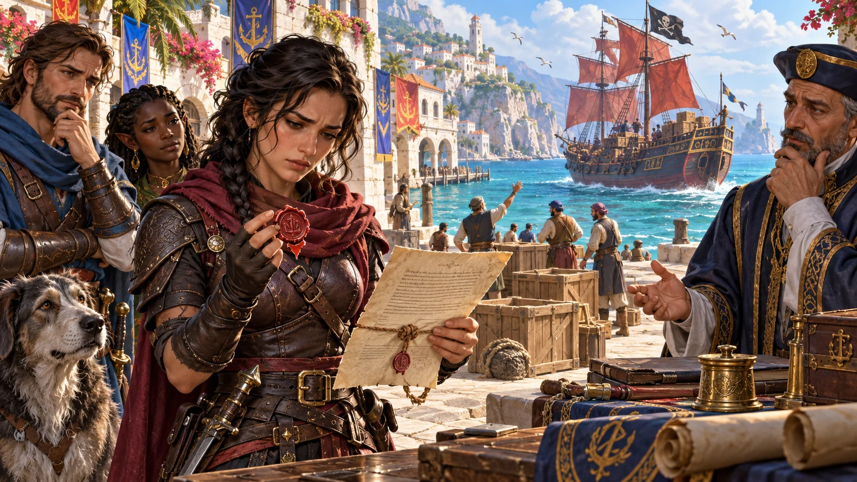 An adventurer examines a sealed contract while companions and a captain look on beside a departing fantasy ship.