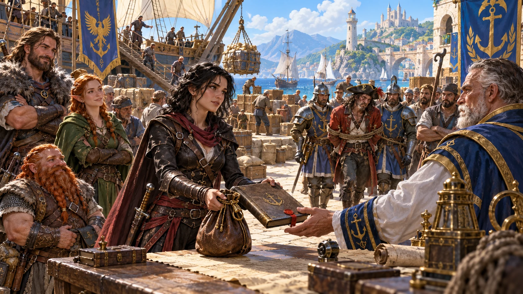 An adventurer offers a sealed ledger and purse across a harbour table while returned cargo is unloaded.
