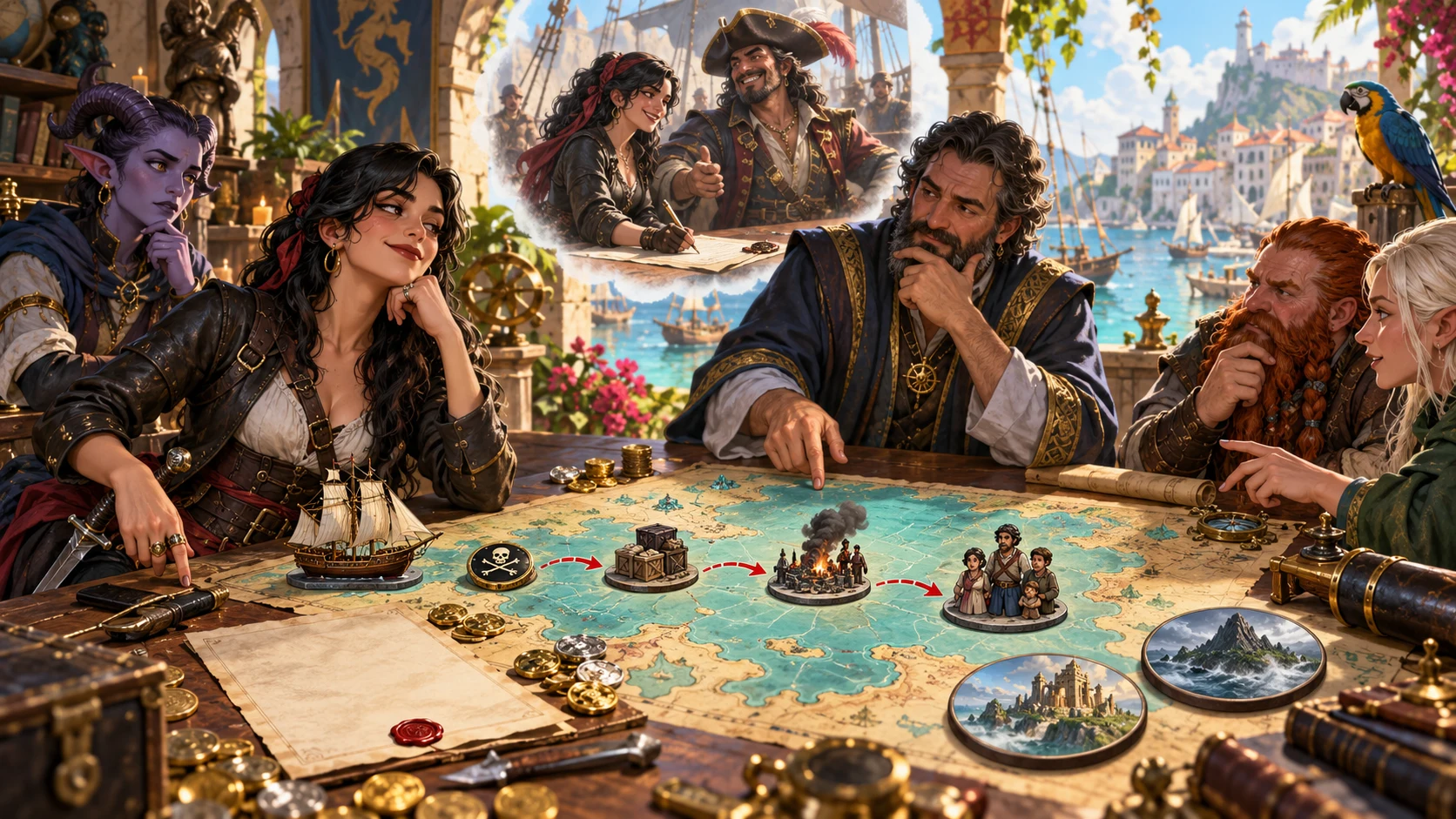 Companions consider a past choice around a harbour map with cargo, ships and story figures.